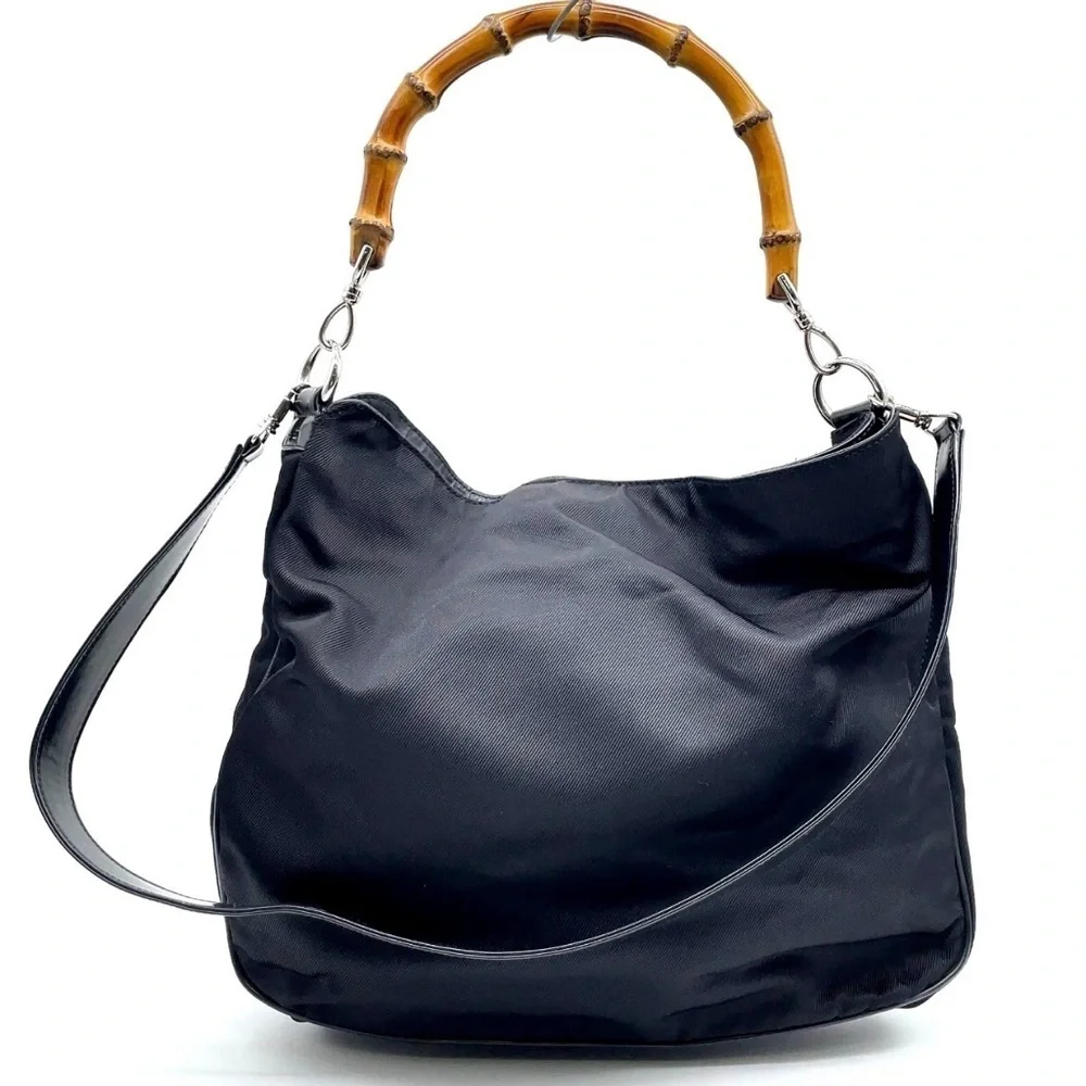 Authentic Gucci Bamboo Handle Nylon Black 2 WayBag